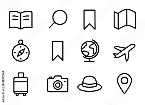 Travel Guide Icons. Outline icon set of reading a travel guide: open book, magnifying glass, map, compass,