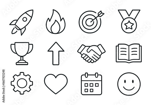 Motivation Icon Set. Outline icon set of motivation: rocket, fire flame, target, medal, trophy, upward arrow,