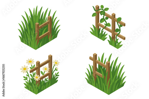 Isometric overgrown vegetation icon set. Wooden fence with tall grass, climbing vine, and wildflowers. Vector illustration for game, map, or web. Nature flat design element.