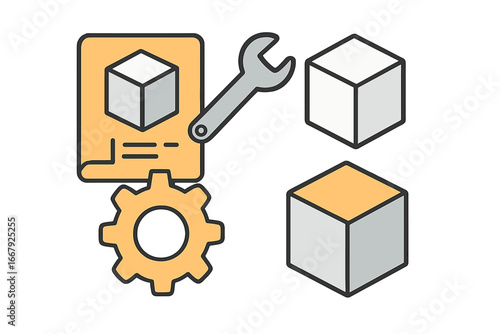 Concept of 3D printing and prototyping. Vector icons of a cube model, blueprint, cogwheel and wrench. Industrial design, engineering, and manufacturing technology symbols.