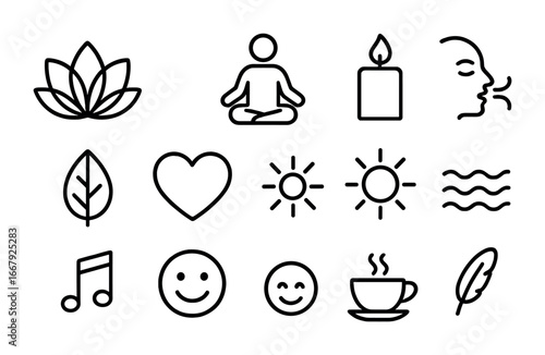 Stress Management Icons. Outline icon set of stress management: lotus flower, yoga pose, candle, breathing