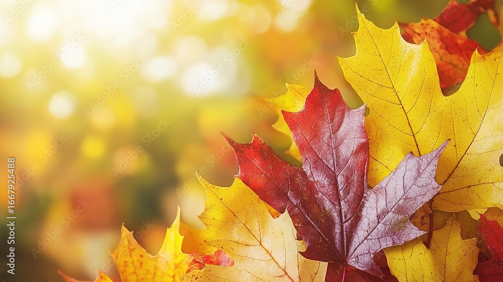 Fototapeta premium Close-Up of Autumn Maple Leaves, Soft Focus Macro Vintage Film Style 