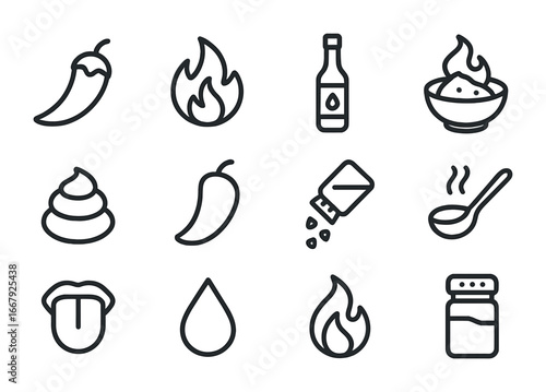 Spicy Icon Set. Outline icon set of spicy taste perception: chili pepper, flame, hot sauce bottle, curry bowl,