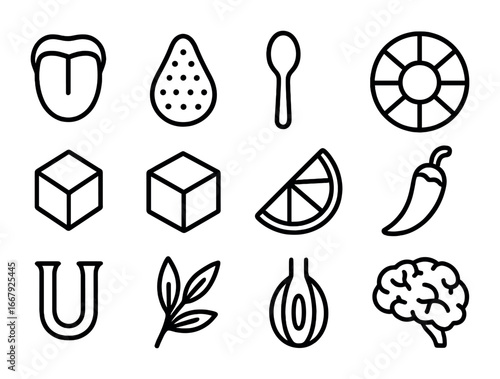 Taste Icon Set. Outline icon set of how we taste food: tongue, taste bud, spoon, flavor wheel, salt crystal,