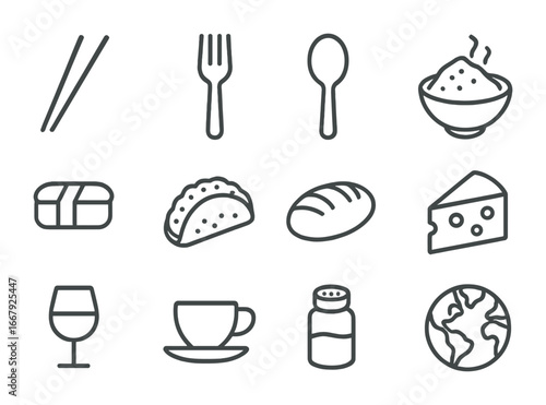 Cultural Taste Icons. Outline icon set of cultural taste differences: chopsticks, fork, spoon, curry bowl,