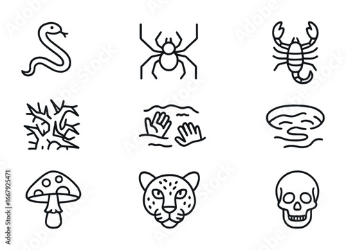 Forest Danger Icons. Outline icon set of hidden forest dangers: snake, spider, scorpion, thorn bush, quicksand