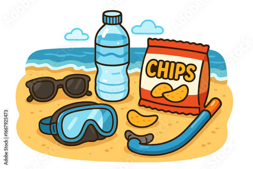 Beach day essentials concept. Summer vacation items on sand. Sunglasses, water bottle, chips snack and snorkel gear. Seaside holiday relaxation vector illustration cartoon set.