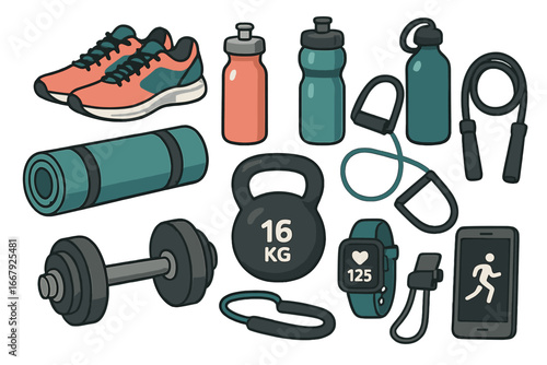 Fitness equipment and gym accessories set. Vector cartoon illustration. Dumbbell, kettlebell, shoes, yoga mat. Workout, exercise, training, healthy lifestyle concept.