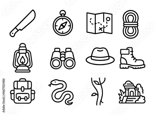 Jungle Exploration Icons. Outline icon set of jungle exploration: machete, compass, map, rope, lantern,