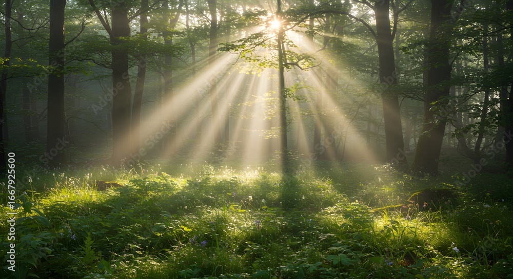 Fototapeta premium Sunlight streams through trees in a tranquil forest setting with lush green foliage
