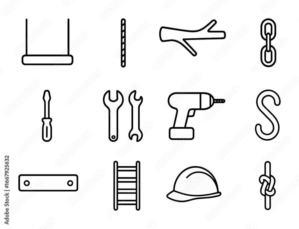 Fototapeta premium Swing Setup Icons. Outline icon set of setting up a swing: swing seat, rope, tree branch, metal chain,