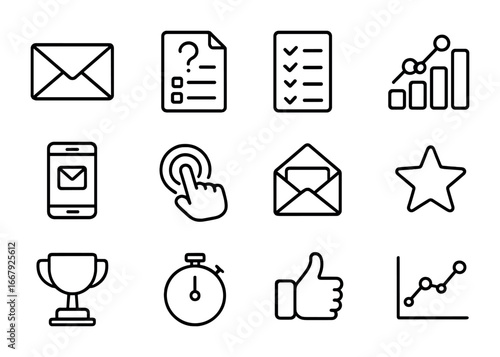 Email Marketing Icon Set. Outline icon set of interactive email marketing: envelope, quiz sheet, survey form,