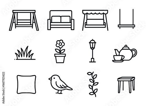 Backyard Swing Icon Set. Outline icon set of backyard swings: wooden frame, cushioned bench, canopy, hanging