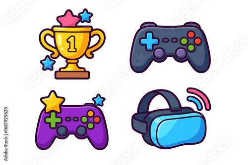 Gaming icons set with winner trophy, game controller, joystick and virtual reality headset. Vector cartoon illustration for video game and e-sport competition. Gamepad, VR symbols.