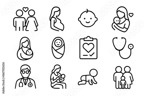 Family and maternity line icon set. Pregnancy, newborn baby, and parenting symbols. Health care, medical checkup, doctor, and childcare vector outline icons collection.