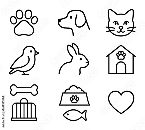 Animal Care Icons. Outline icon set of animal care volunteering: paw print, dog, cat, bird, rabbit, shelter