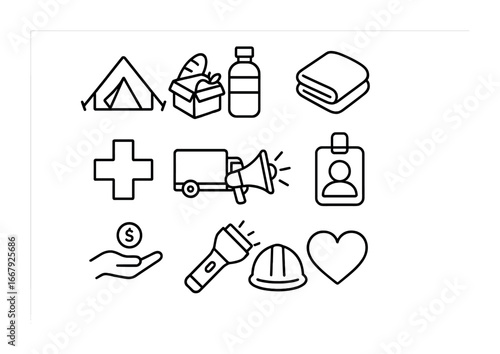 Disaster Relief Icons. Outline icon set of disaster relief volunteering: shelter tent, food box, water bottle,