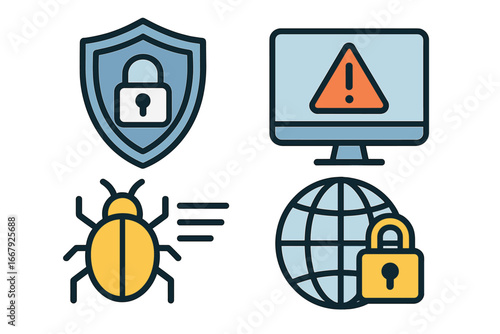 Cybersecurity icon set. Internet security, data protection, virus attack, and vulnerability concepts. Shield, bug, alert on computer, and globe with padlock. Vector illustration.
