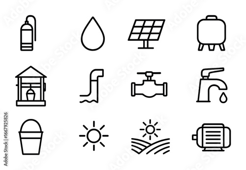 Solar Pump Icon Set. Outline icon set of solar water pumping: pump, water droplet, solar panel, tank, well,