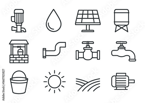 Solar Pump Icon Set. Outline icon set of solar water pumping: pump, water droplet, solar panel, tank, well,