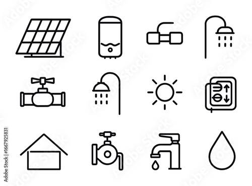 Solar Heating Icons. Outline icon set of solar heating systems: solar thermal panel, hot water tank, pipe,
