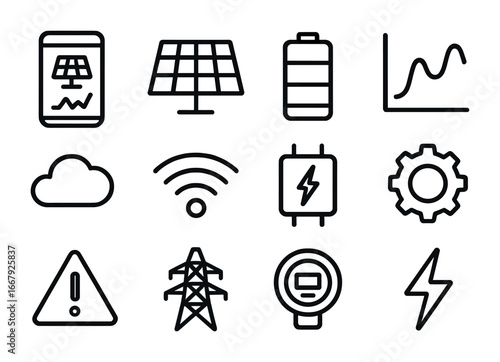 Smart Solar Icon Set. Outline icon set of smart solar monitoring: app screen, solar panel, battery, chart,