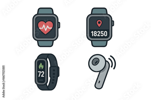 Wearable technology icon set. Smartwatch, fitness tracker, earbud vector illustrations. Health and fitness monitoring devices for daily use. Heart rate, steps, calories, GPS.
