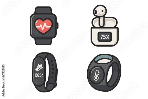 Wearable technology icon set. Health and fitness tracking devices like smartwatch, smart ring, fitness band. Heart rate monitor, pedometer, temperature sensor. Vector cartoon.