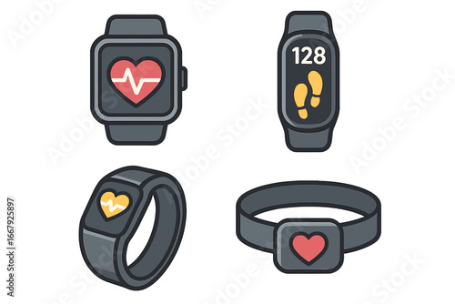Set of wearable technology icons. Health and fitness tracking devices for everyday users. Smartwatch, activity band, chest strap heart rate monitor. Vector cartoon symbols.