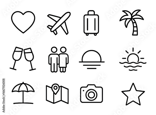 Romantic Travel Icons. Outline icon set of romantic travel destinations: heart, airplane, suitcase, palm tree,