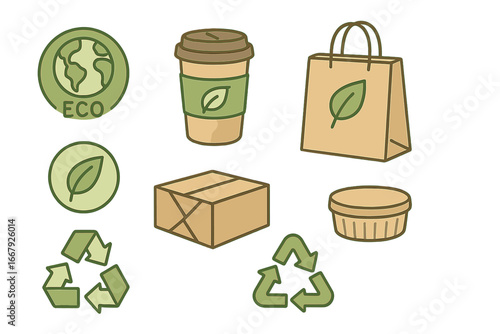 Eco friendly packaging and recycling symbols set. Sustainable container options cartoon illustration. Go green concept with paper bag, coffee cup, box. Ecology, environment icons.