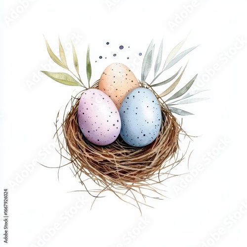 Hand drawn watercolor art bird nest with eggs easter. Avian cradle painted image ovum springtime holiday avian home artistic creation aquarelle handmade fowl eastertide clutch