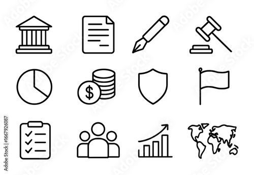 Trade Policy Icons. Outline icon set of trade policy: government building, document, pen, gavel, pie chart,