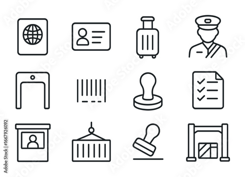 Customs Clearance Icons. Outline icon set of customs clearance: passport, ID card, luggage, customs officer,