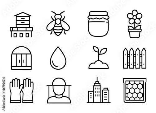 Urban Beekeeping Icons. Outline icon set of urban beekeeping: rooftop hive, bee, jar of honey, flower pot,