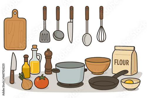 Cooking concept with kitchen utensils and fresh ingredients. Vector set of culinary tools, cookware, and food. Food preparation, recipe illustration, gastronomy, home cooking.