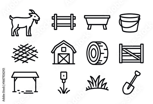 Goat Pen Icons. Outline icon set of goat pen: goat, wooden fence, feeding trough, water bucket, straw bedding,