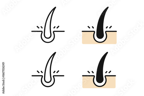 Hair follicle icon set showing root in skin layer. Vector outline and filled symbols for skincare, cosmetic and dermatology concepts. Hair growth, loss and treatment illustration.