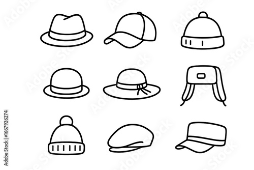 Hat and cap icon set. Headwear outline icons collection for fashion, accessories. Vector line art illustration. Fedora, beanie, baseball cap, sun hat, ushanka, flat cap icons.