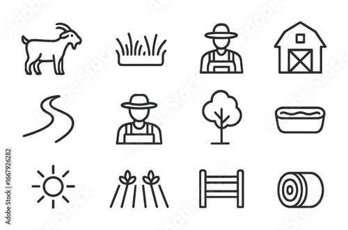 Goat Pasture Icons. Outline icon set of goat pasture rotation: goat, grass field, wooden fence, barn, path,