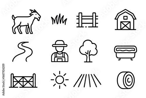 Goat Pasture Icons. Outline icon set of goat pasture rotation: goat, grass field, wooden fence, barn, path,