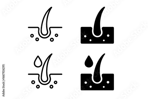 Hair follicle and skin layer icon set. Vector outline and filled glyphs. Dermatology, cosmetic and skincare concept. Hair root treatment, oil, serum, and growth symbol.