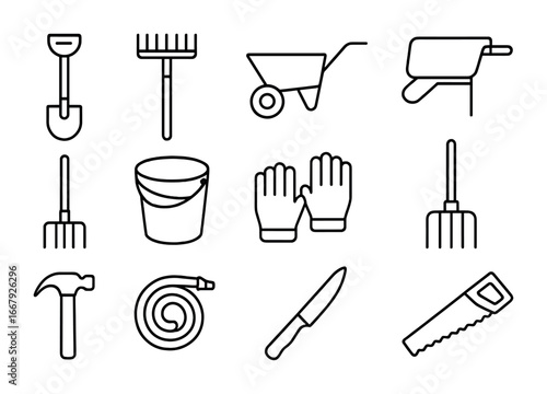 Goat Farm Tool Icons. Outline icon set of goat farm tools: shovel, rake, wheelbarrow, feed scoop, hay fork,