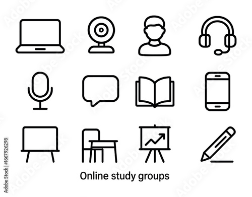 Online Study Icons. Outline icon set of online study groups: laptop, webcam, student, headphones, microphone,