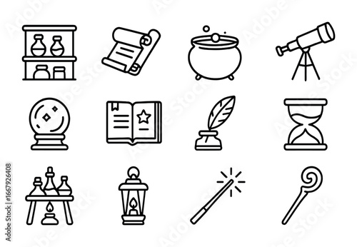 Wizard's Workshop Icons. Outline icon set of wizard’s workshop: potion shelves, magic scrolls, cauldron,