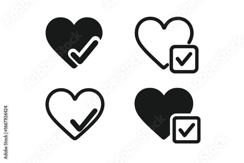 Heart with checkmark icon set. Love, favorite, and like symbol. Health check, approved choice, and quality validation sign. Done and selected concept vector icons.