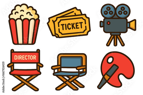 Cinema entertainment icon collection. Movie making and film production set. Vector symbols including popcorn, tickets, retro camera, director chair, and artist palette for design.