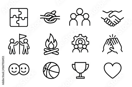 Team Bonding Icons. Outline icon set of team bonding: puzzle pieces, rope knot, group of people, handshake,