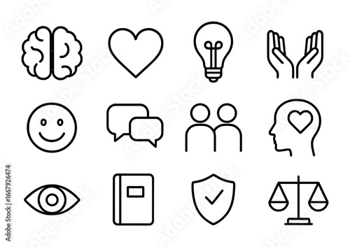 Emotional Intelligence Icons. Outline icon set of emotional intelligence: brain, heart, lightbulb, open hands,