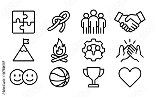 Team Bonding Icons. Outline icon set of team bonding: puzzle pieces, rope knot, group of people, handshake,